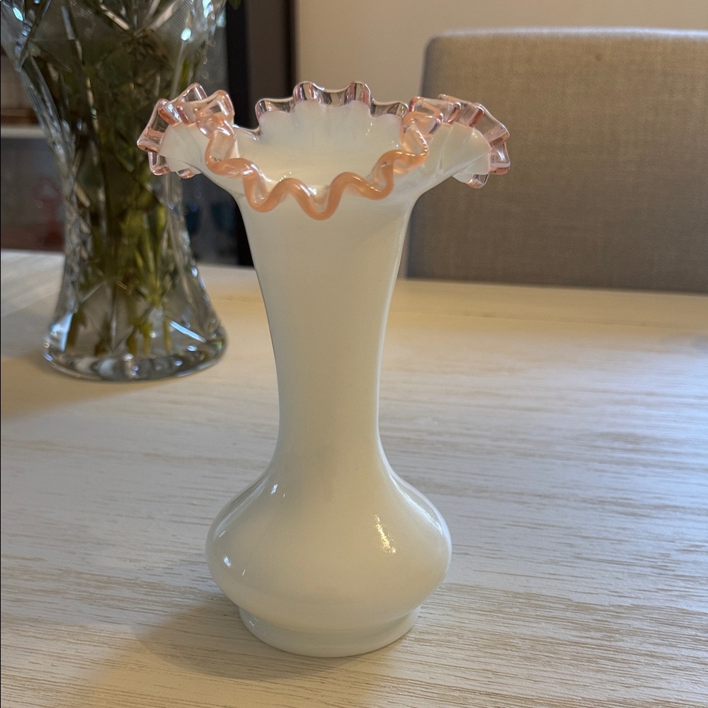 White and Pink Ruffled Glass Bud Vase - Unbranded